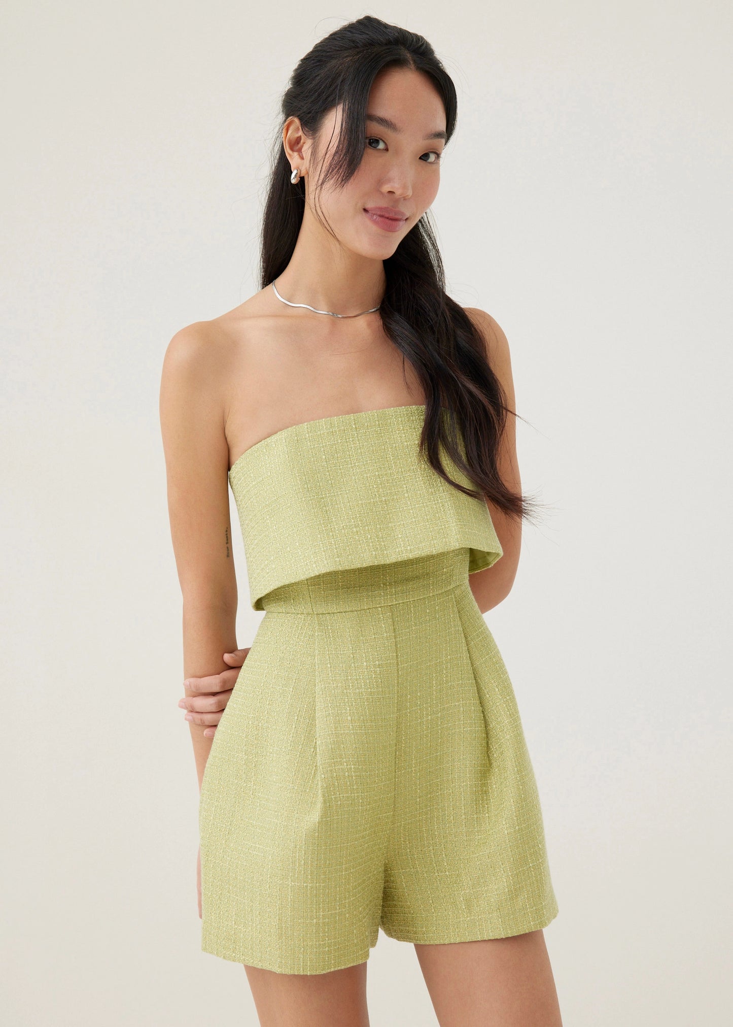 Love Bonito Dezza Tweed A-line Romper Lime - XS